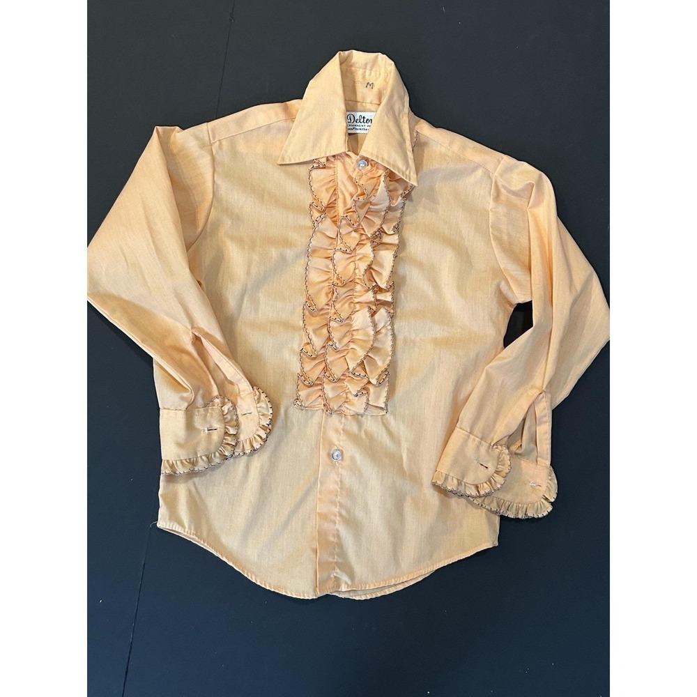 Rare Vtg 70s DELTON Peach Tux Tuxedo Formal Wear Boys Ruffle Ruffled SHIRT Sz M